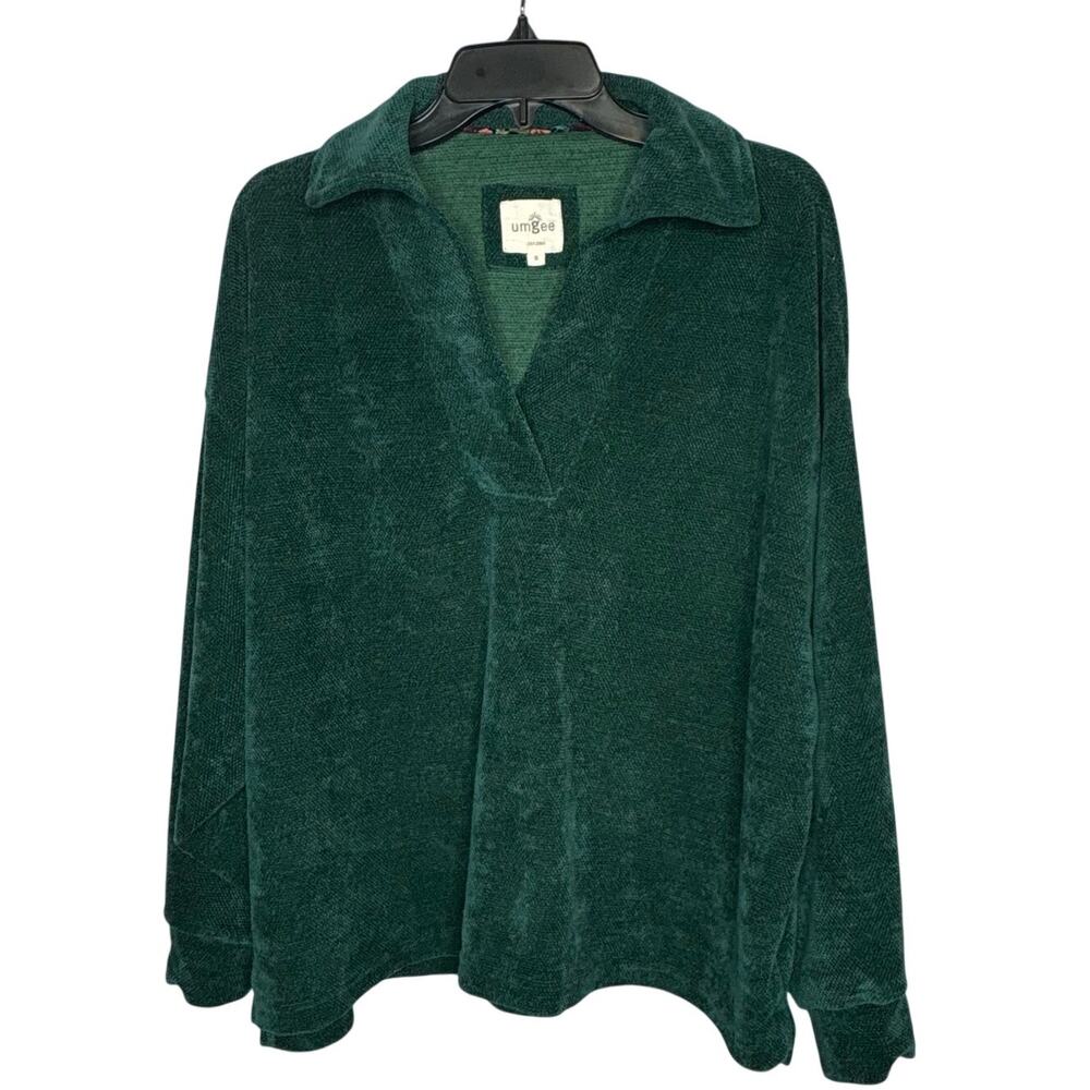 Umgee Johnny Collar Chenille Emerald Green Cozy Soft Pullover Lounge Top Small